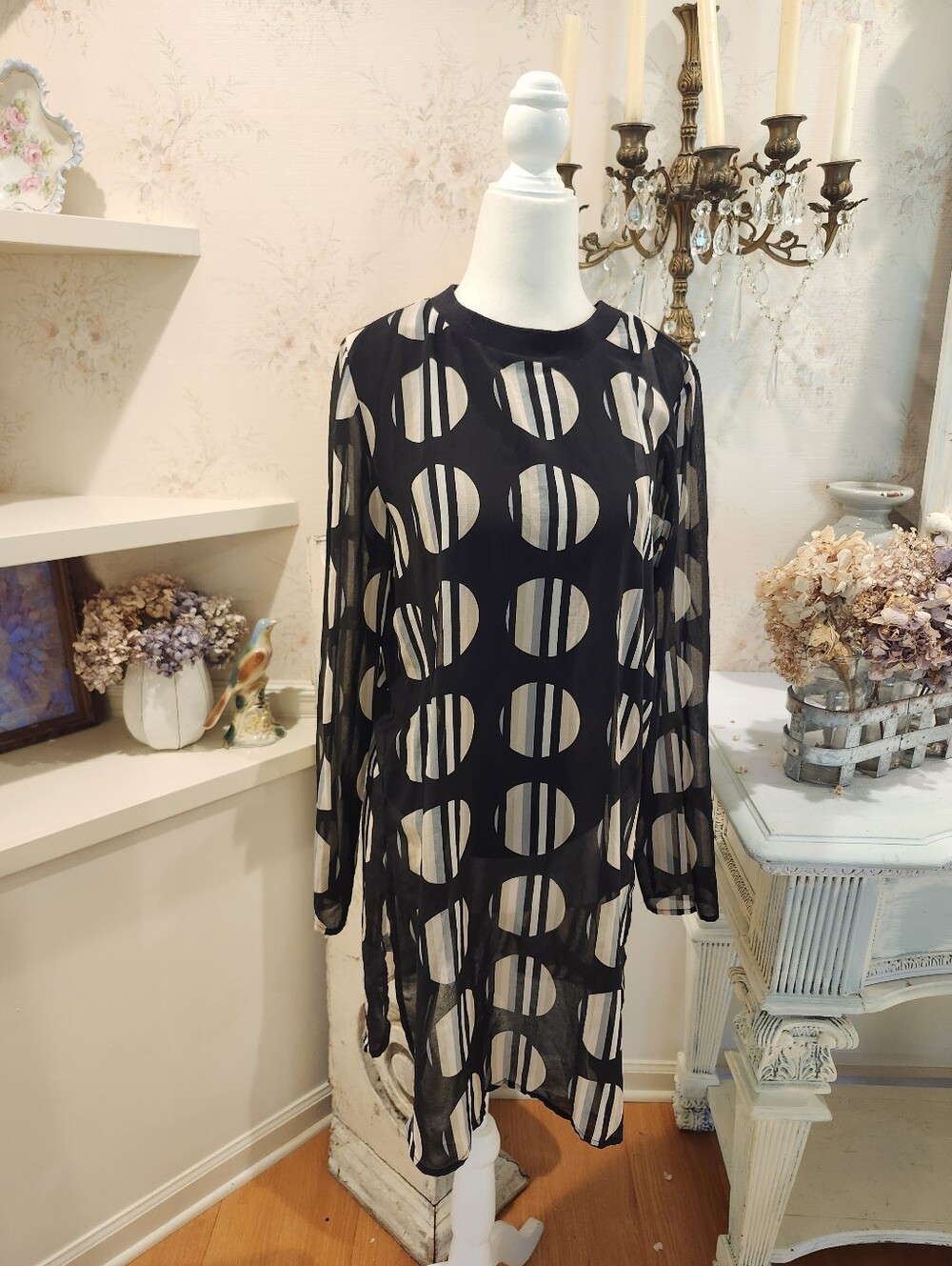 Calvin Klein Chiffon Geometric Circle Print Tunic Blouse Black Cream S